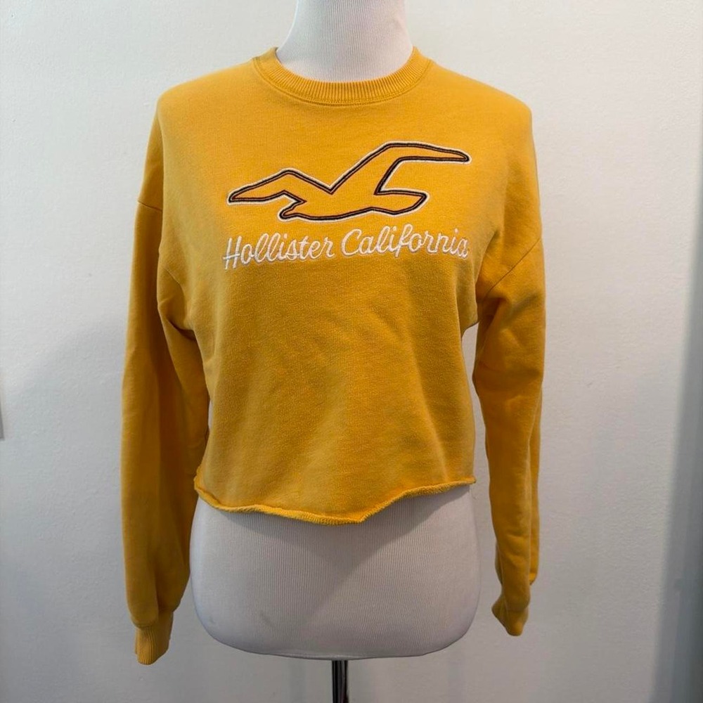 Hollister Co Womens Yellow Cropped Sweatshirt Seagull Logo Fleece Top XS